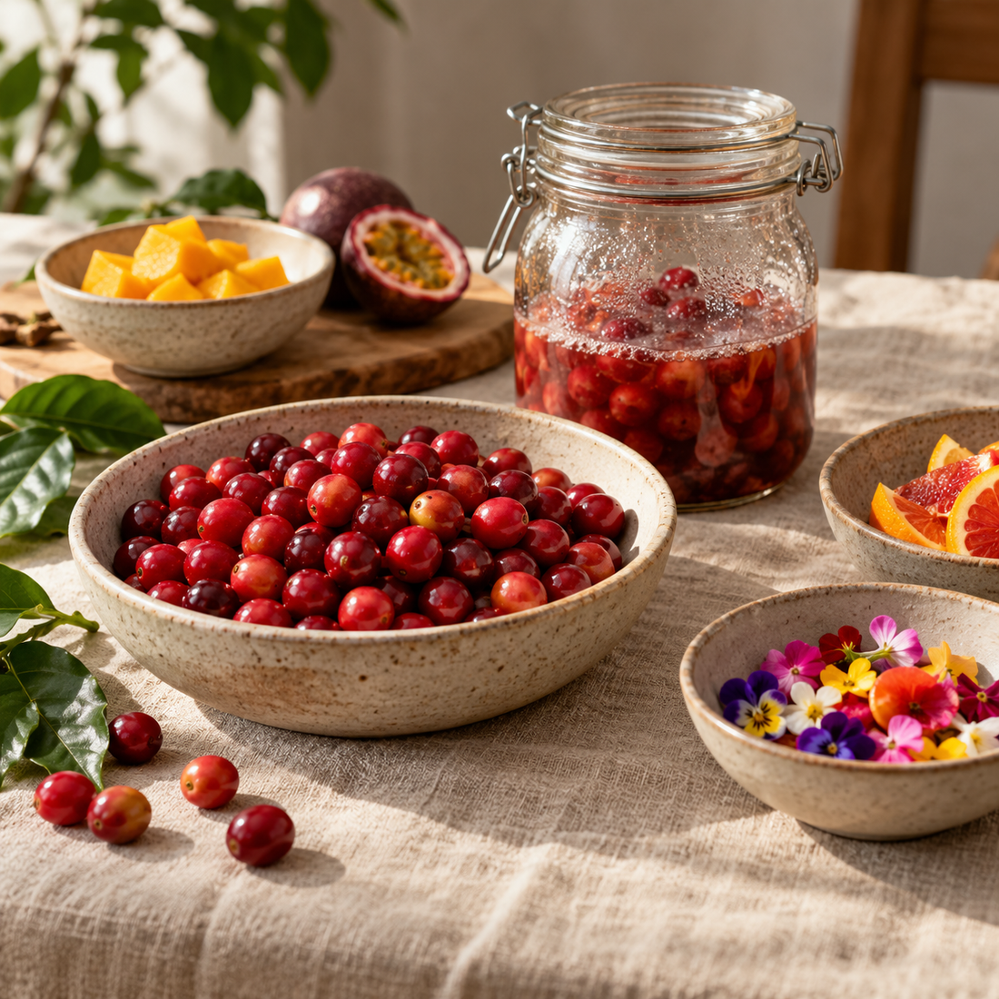 Coffee cherries beside a fermentation jar, fruit, and flowers on a warm linen tablecloth